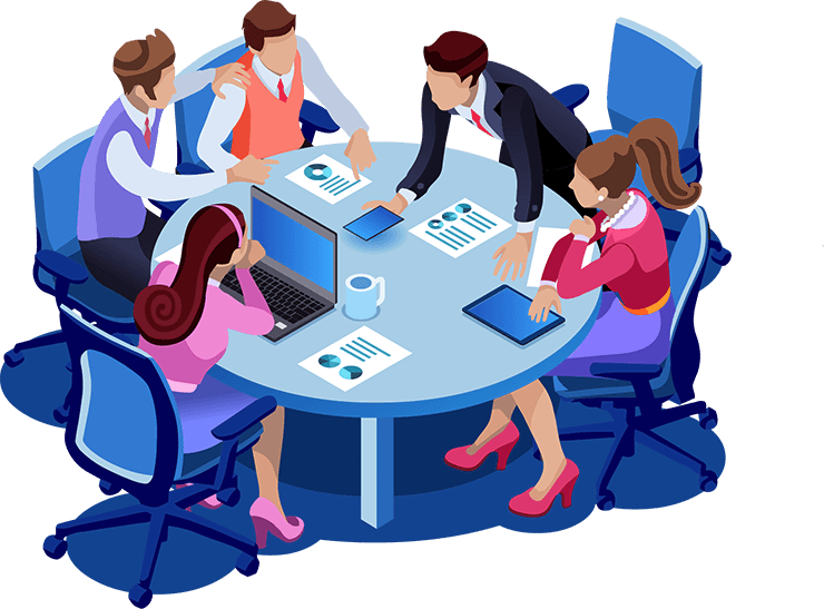 Η εικόνα αναπαριστά μια επαγγελματική συνάντηση, όπου μια ομάδα ανθρώπων συνεργάζεται γύρω από ένα στρογγυλό τραπέζι, ανταλλάσσοντας ιδέες και αναλύοντας δεδομένα. Στοιχεία της εικόνας: Συμμετέχοντες: Πέντε άτομα ντυμένα με επαγγελματική ενδυμασία, που υποδηλώνει ένα επαγγελματικό περιβάλλον. Όλοι φαίνεται να συνεργάζονται ενεργά, δείχνοντας διάθεση για ανταλλαγή απόψεων. Εργαλεία εργασίας: Ένας φορητός υπολογιστής, tablet, έγγραφα με γραφήματα και ένα φλιτζάνι καφέ, που συμβολίζουν ένα μοντέρνο και οργανωμένο εργασιακό περιβάλλον. Έγγραφα με γραφήματα και αναλύσεις που βρίσκονται πάνω στο τραπέζι, υποδεικνύουν τον προγραμματισμό και τη στρατηγική. Διάταξη: Στρογγυλό τραπέζι, που συμβολίζει ισότητα και συνεργασία στην ανταλλαγή ιδεών. Συμβολισμός για WORKSTEPS: Η εικόνα αντιπροσωπεύει τις αξίες της WORKSTEPS, όπως: Την ομαδικότητα και τη συνεργασία. Την ανάλυση δεδομένων και την επαγγελματική ανάπτυξη. Την προετοιμασία και τον στρατηγικό σχεδιασμό για την επίτευξη στόχων. Αυτή η σκηνή ευθυγραμμίζεται με την αποστολή της εταιρείας να υποστηρίζει τους πελάτες της μέσω συνεργασίας, οργάνωσης και ανάπτυξης επαγγελματικών δεξιοτήτων.